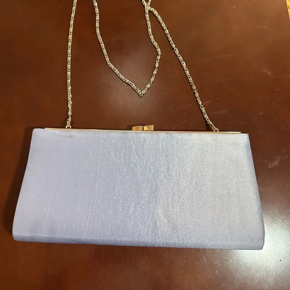 Menbur Powder Blue Evening Clutch Purse Detachable Gold Chain Strap Wedding Prom